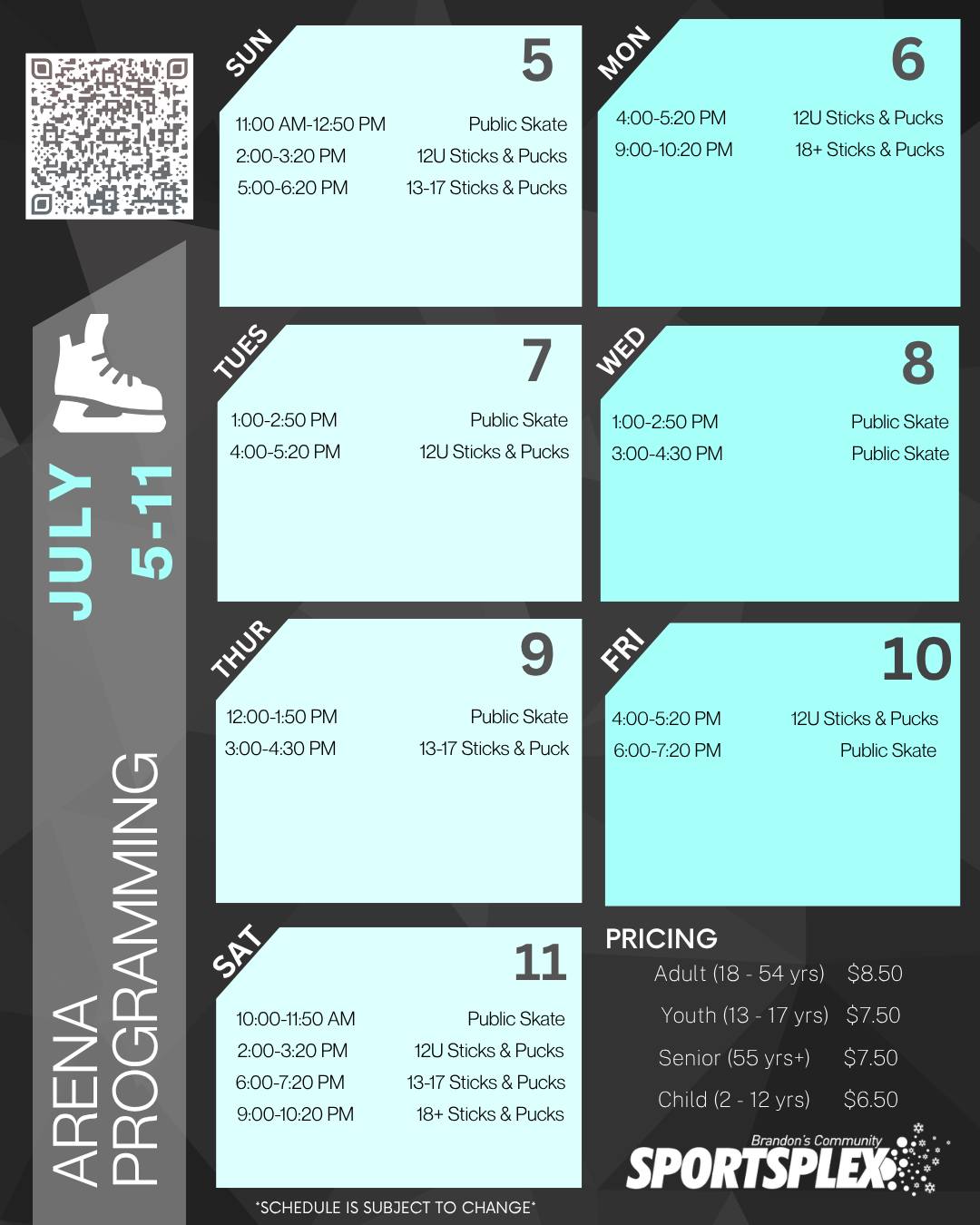Sportsplex public programming schedule for next week in Brandon