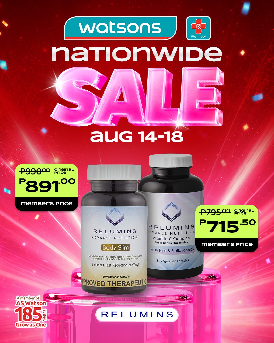 Nationwide deals, all your faves! Get your must-haves from Relumins and score amazing deals at the Watsons Nationwide Sale, happening this August 14–18! Whether you're stocking up or treating yourself, this is