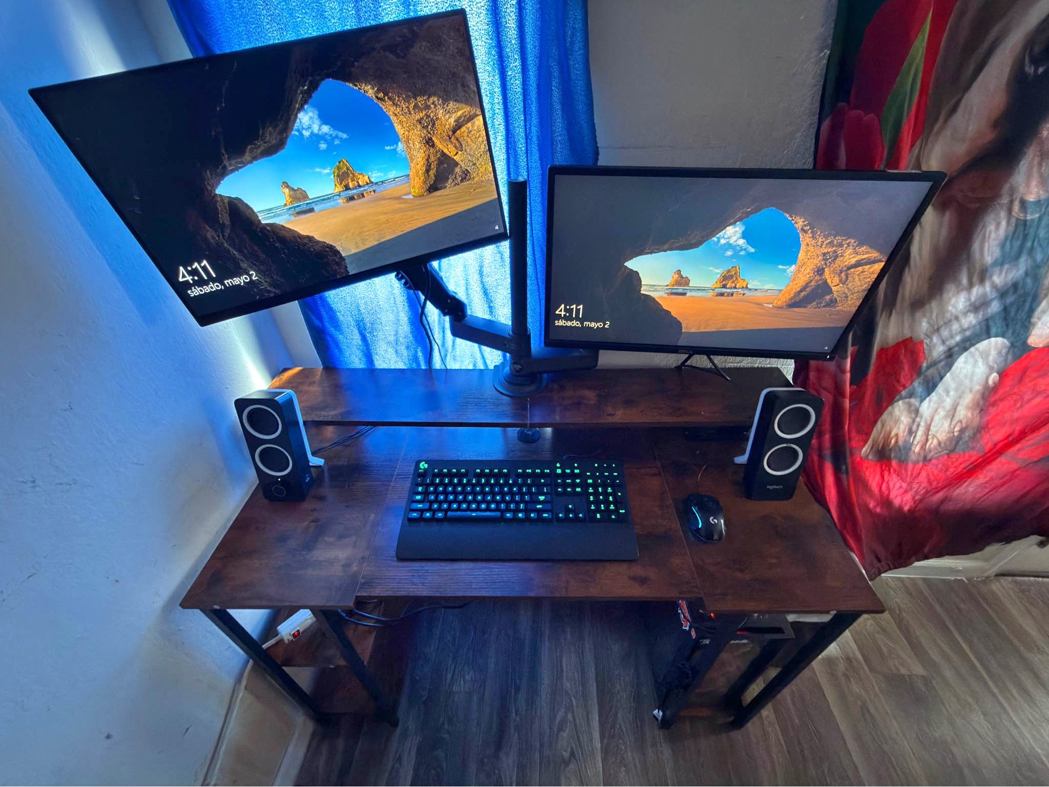 Complete Gaming Desk Setup with Dual Monitors and Logitech Accessories ...