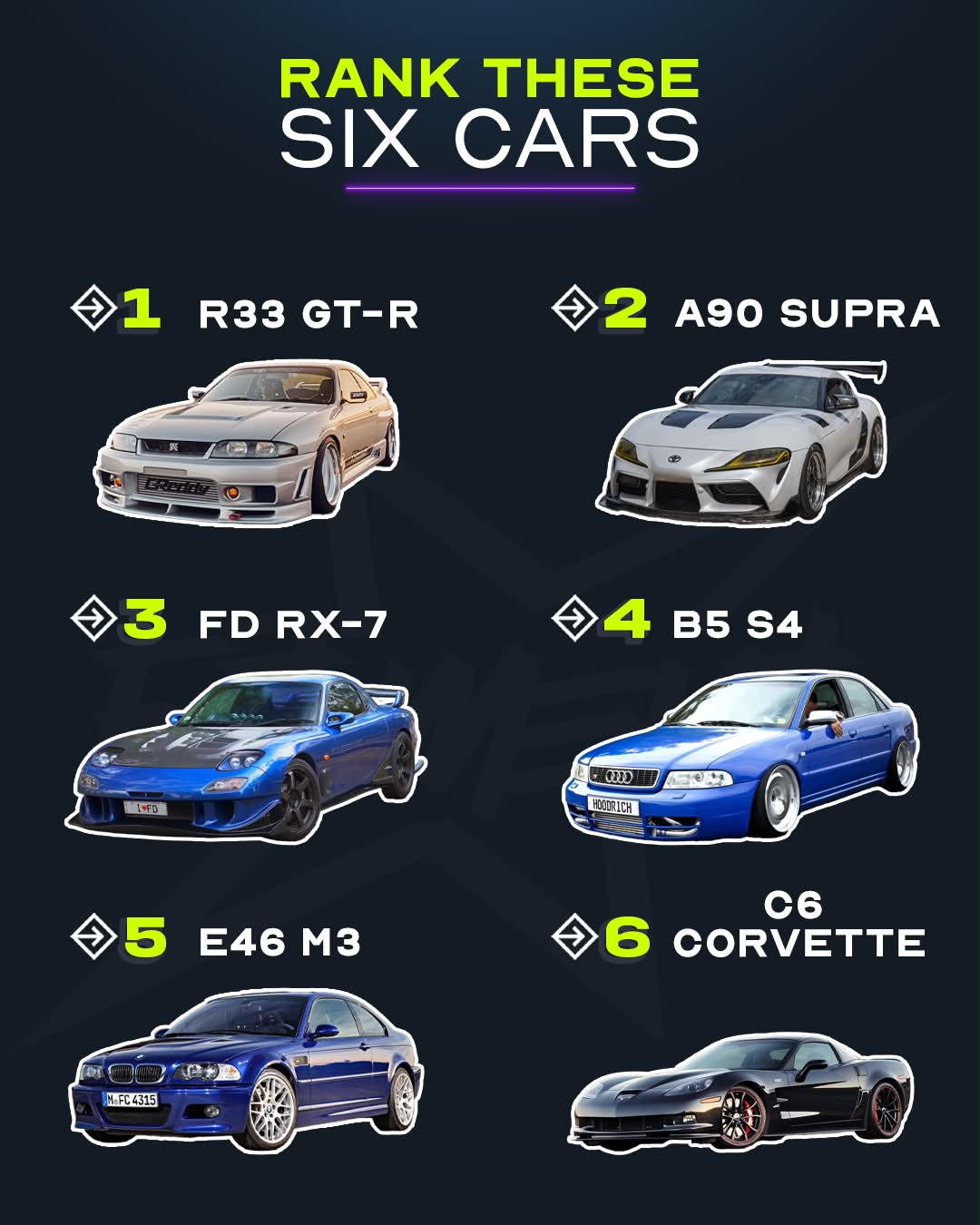 Six cars from completely different corners of the car world, and