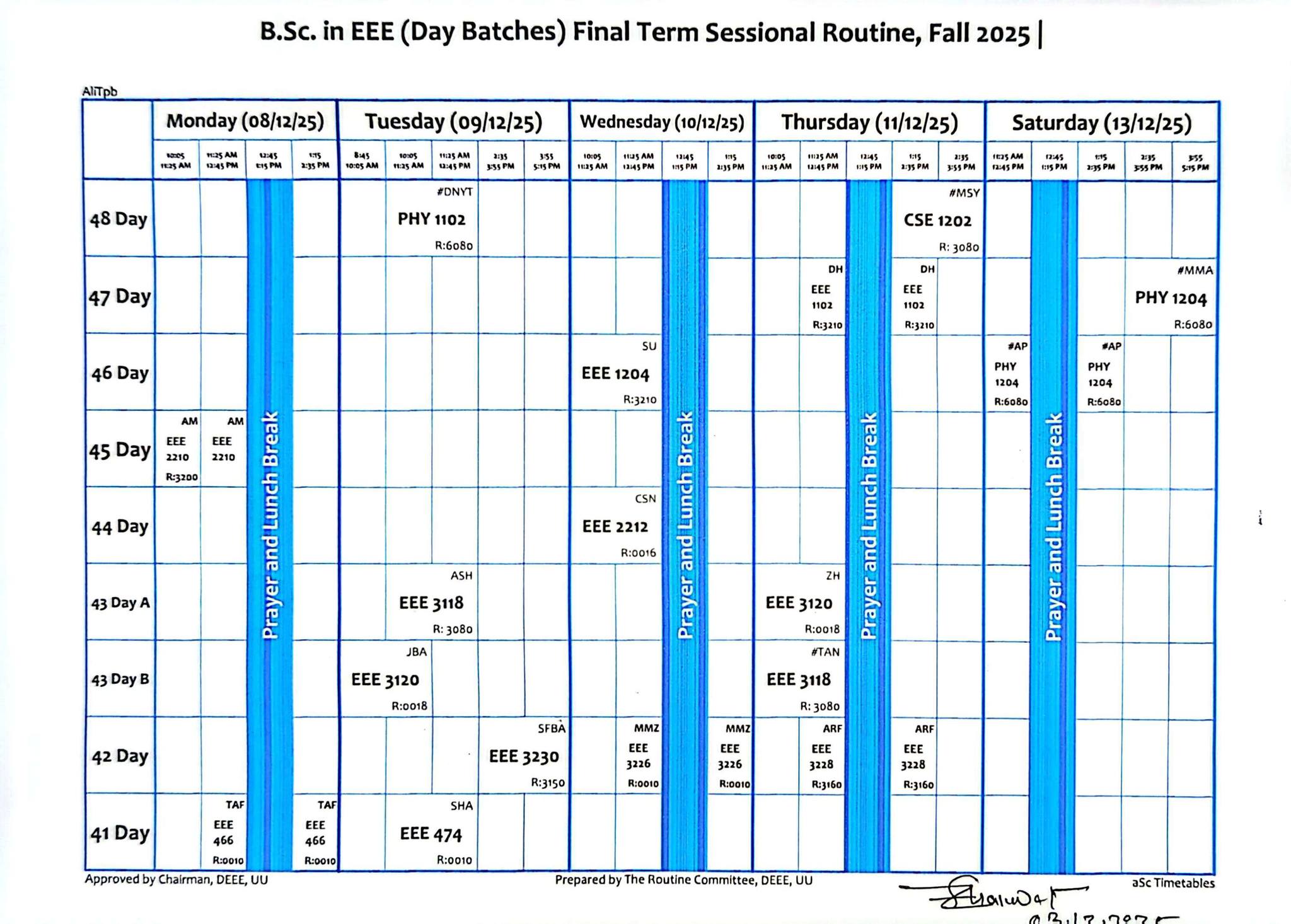 Department - Fall 2025 Final Term Examination Sessional Schedule (Day ...