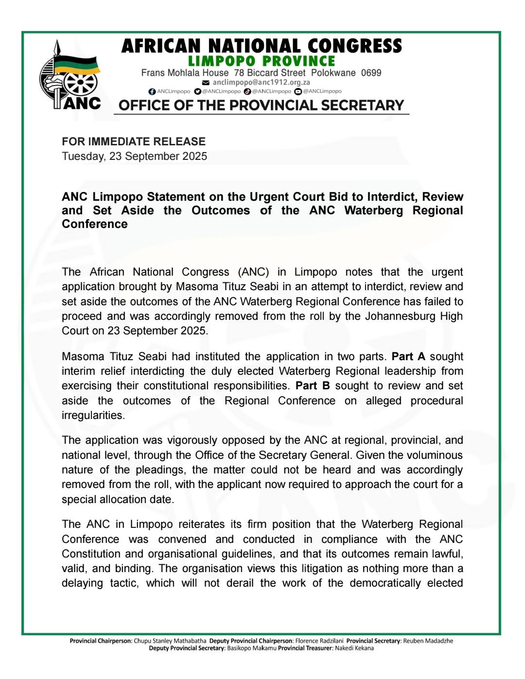 ANCLimpopo - ANC LIMPOPO STATEMENT ON THE URGENT COURT BID... | Facebook