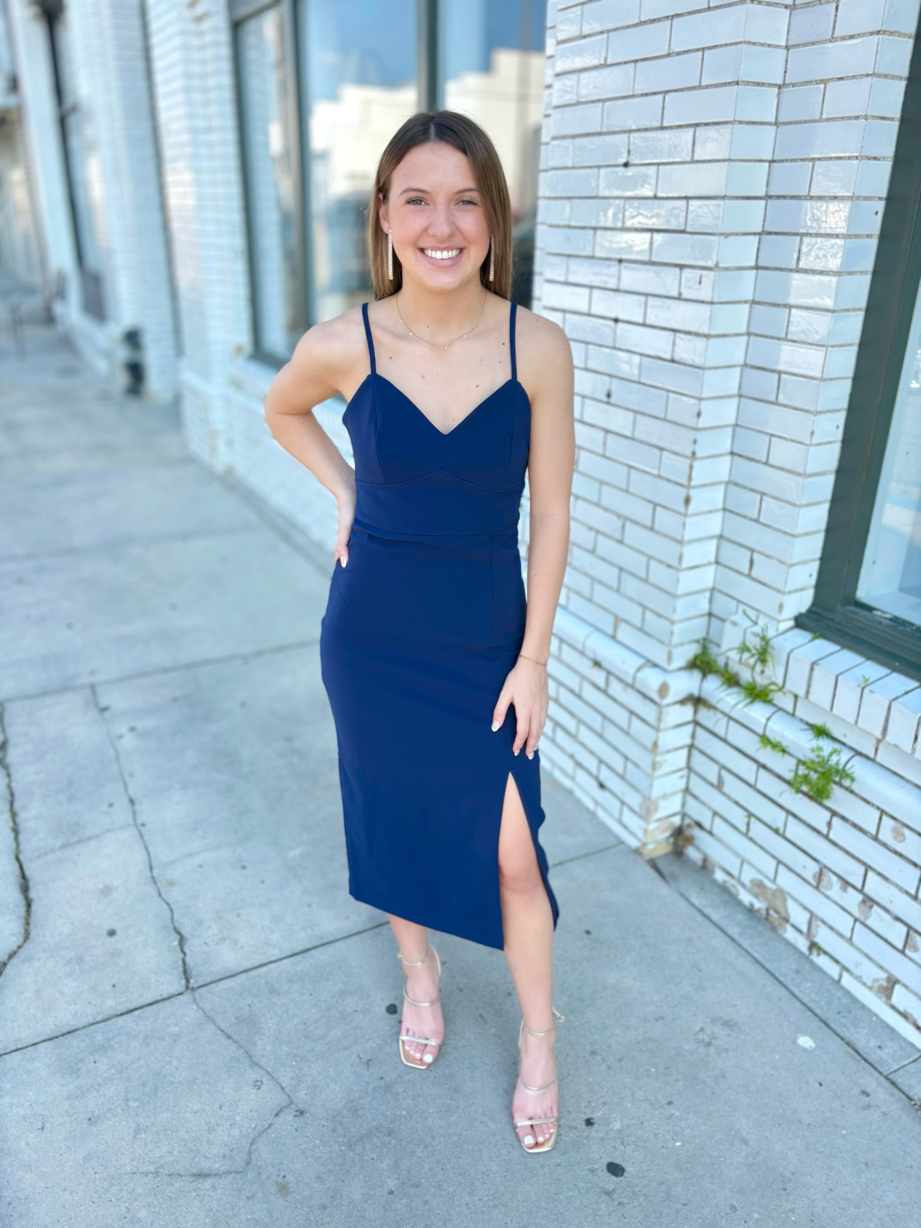 sleek navy blue dress midi with side slit and open back navy blue dresses