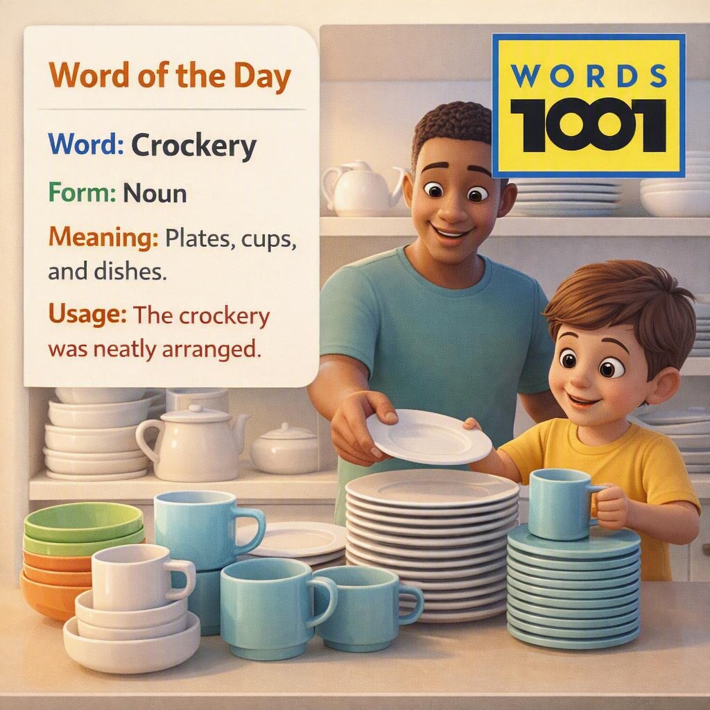 🌟 Word of the Day: CROCKERY 🌟 Real-life connect 🍽️ Crockery refers to plates, cups, bowls, and other dishes used for serving and eating food. It is an essential part of homes
