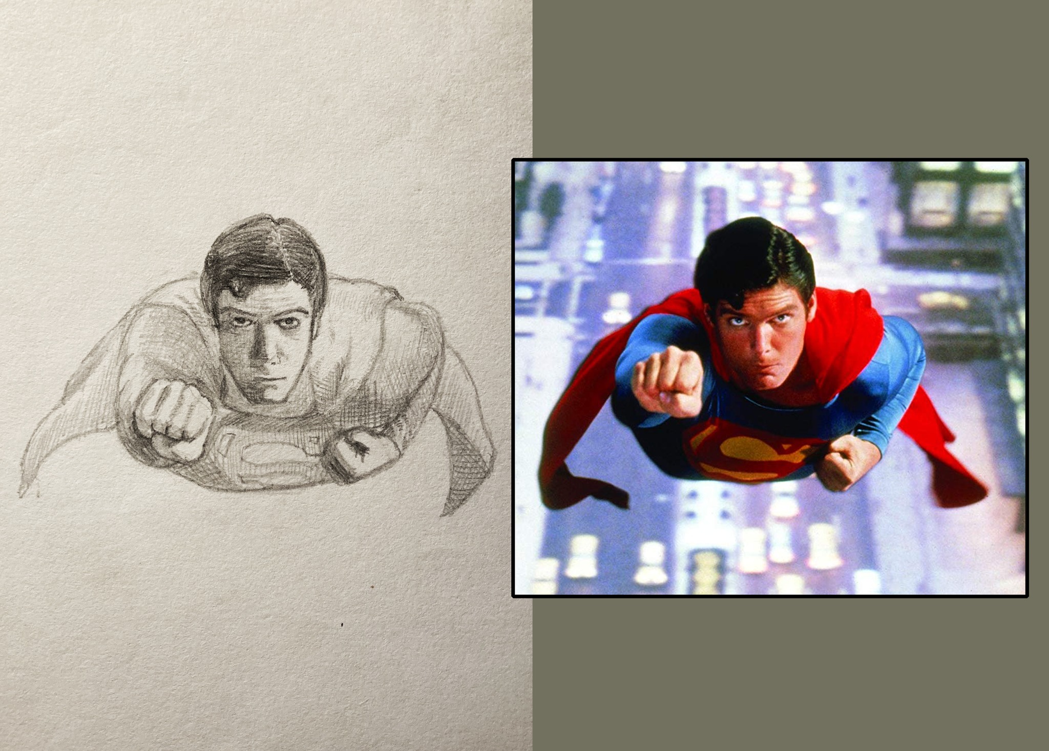 A pencil drawing I made of Christopher Reeves as Superman, side by 