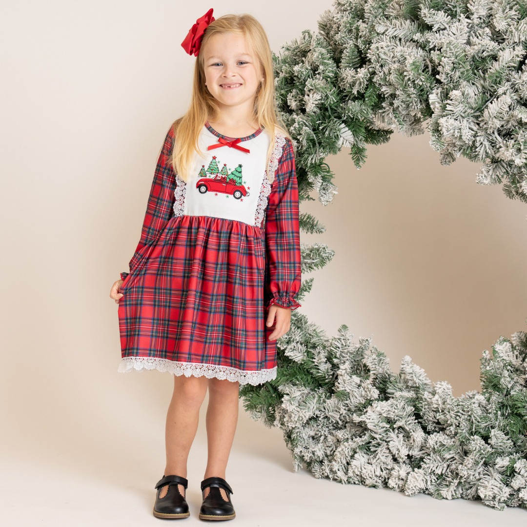 christmas dress pickup today 🎄❤️ A little plaid, a little lace, and a whole lot of magic! Our Pine Plaid Embroidered brings all the nostalgic holiday charm with its sweet vintage-inspired car + Holiday Dress