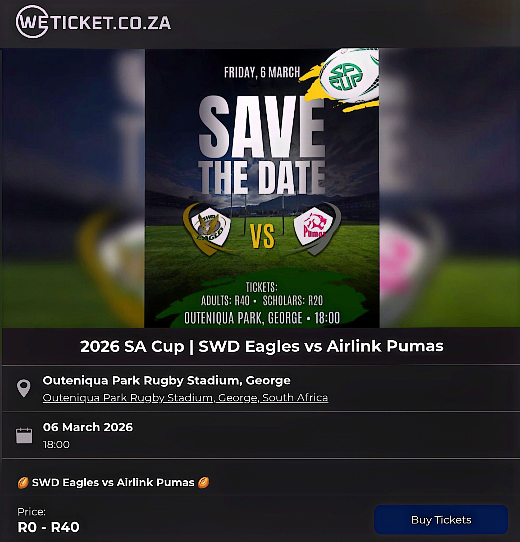 SWD - 🎟️ Tickets Now Available Online! Catch SWD Eagles vs Pumas 🏆 SA ...
