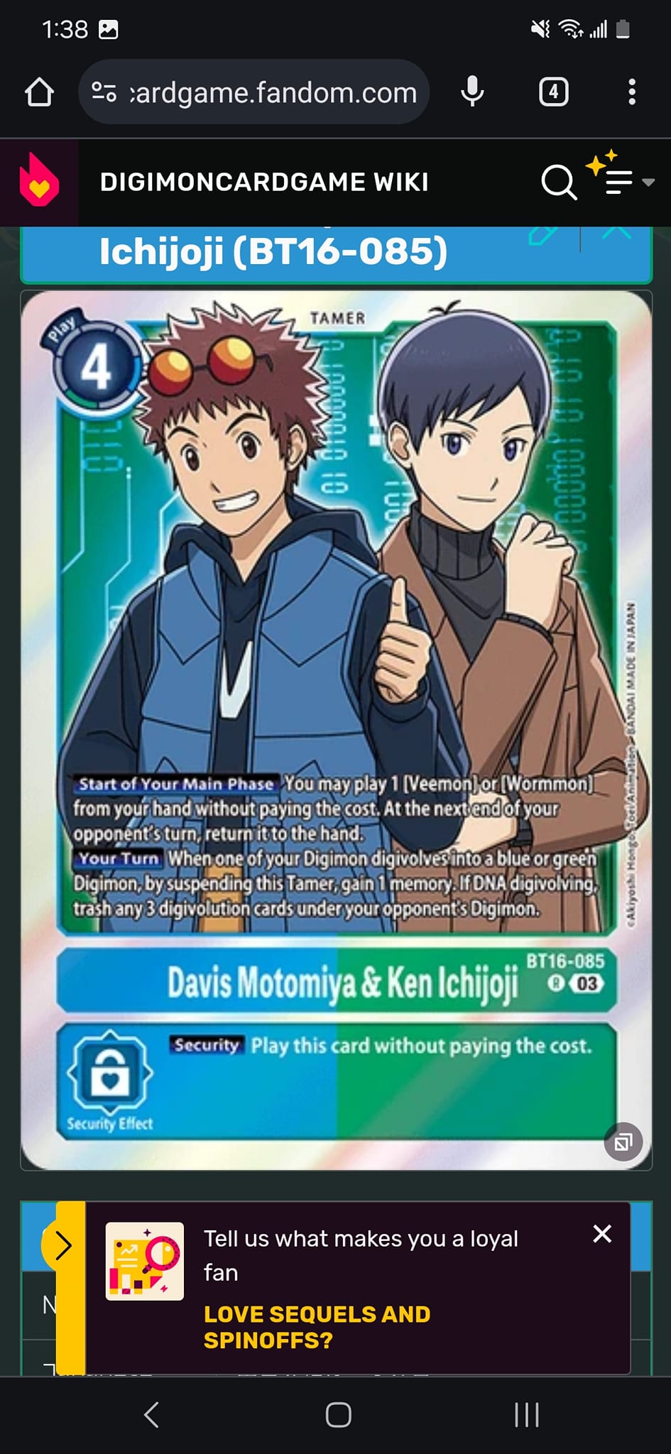 davis digimon card Motomiya (Reprint) (BT3-093) Foil Rare Green Play Cost4 Card Effect[Start of Your Main Phase] If you have a blue Digimon in play Digimon Across Time Rare Davis