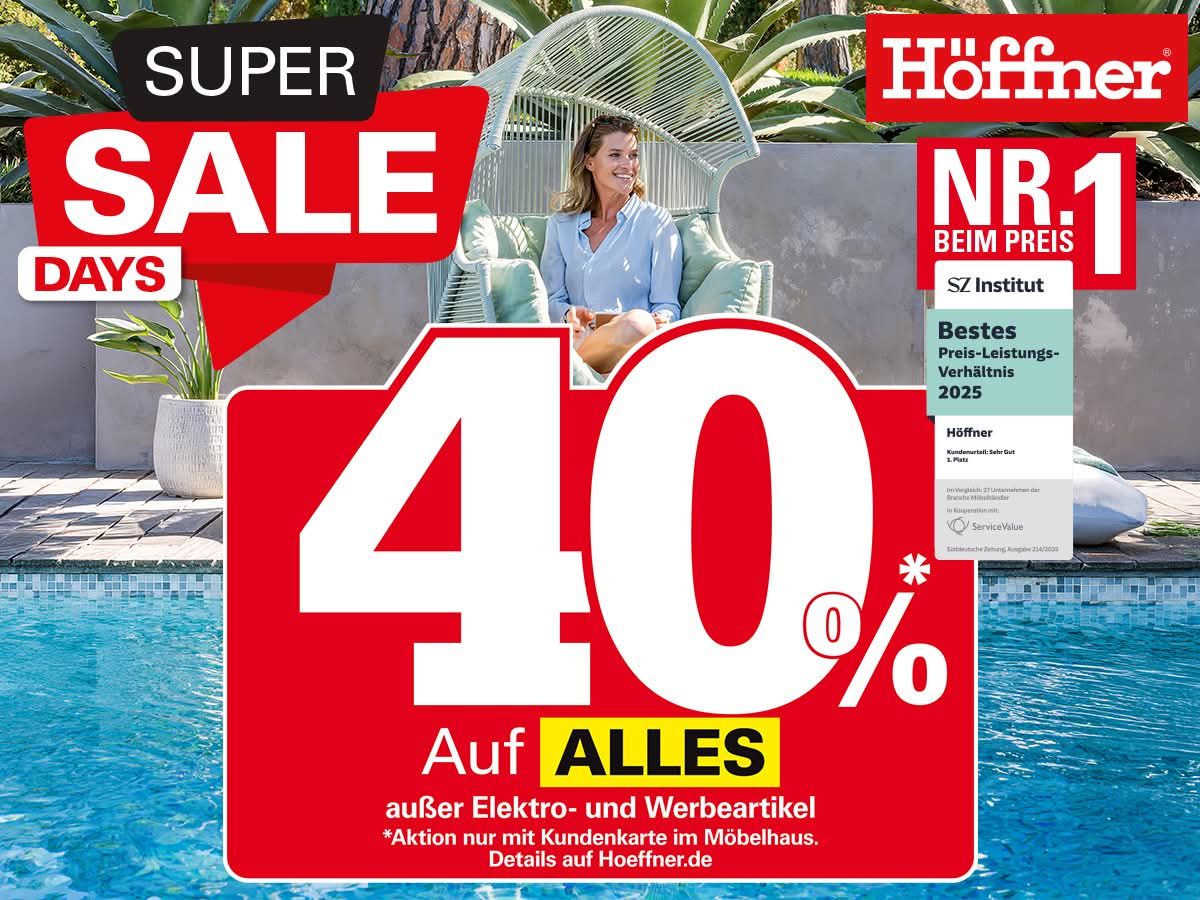🌴SUPER SALE DAYS bei Höffner!🌴 Aktuell bekommt ihr, EXKLUSIV, mit der Höffner Kundenkarte*: 40%* auf FAST ALLES! 35%* + ZUSÄTZLICH 15% auf Gartenmöbel! 1/2* Preis auf alle frei geplanten KÜCHEN! Wir f
