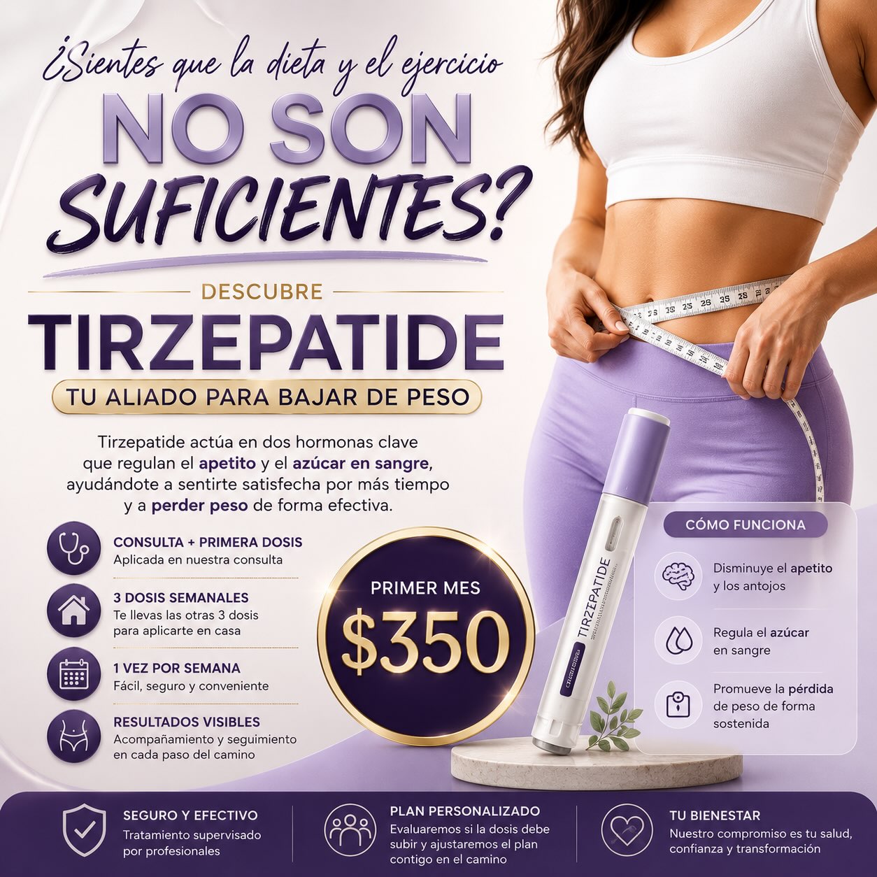 🍔 A veces, la fuerza de voluntad necesita un aliado científico. Te presentamos Tirzepatide, el tratamiento médico avanzado de última generación diseñado para transformar tu metabolismo.✨ ¿Cómo funciona? Regula el apetito: Reduce