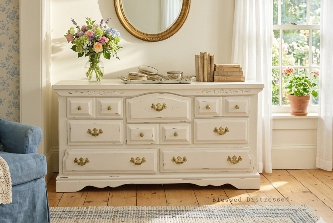 Charming, cottage core, shabby chic marvelousness😍😍😍😍 We went with distressed cream finish and burnished antique gold hardware. Solid pine dresser, drawers pull well! 32 tall 64 wide 18 deep $225