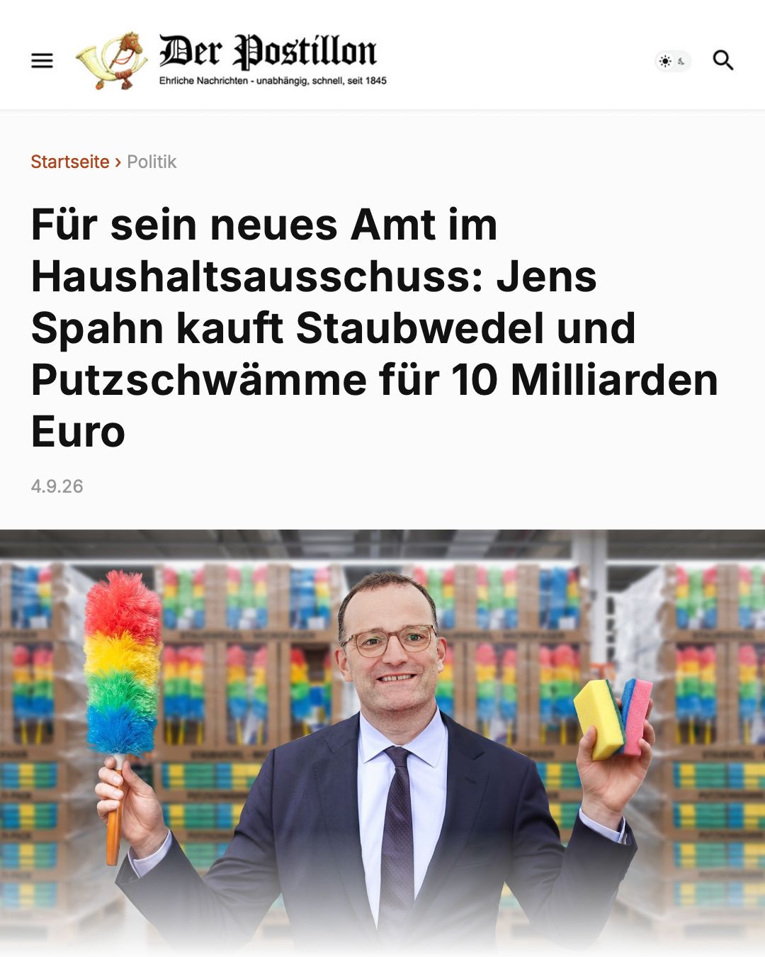 Gut, dass sich endlich ein richtiger Experte um den Haushalt kümmert. Artikel lesen:https://www.der-postillon.com/2026/09/spahn-haushalt.html