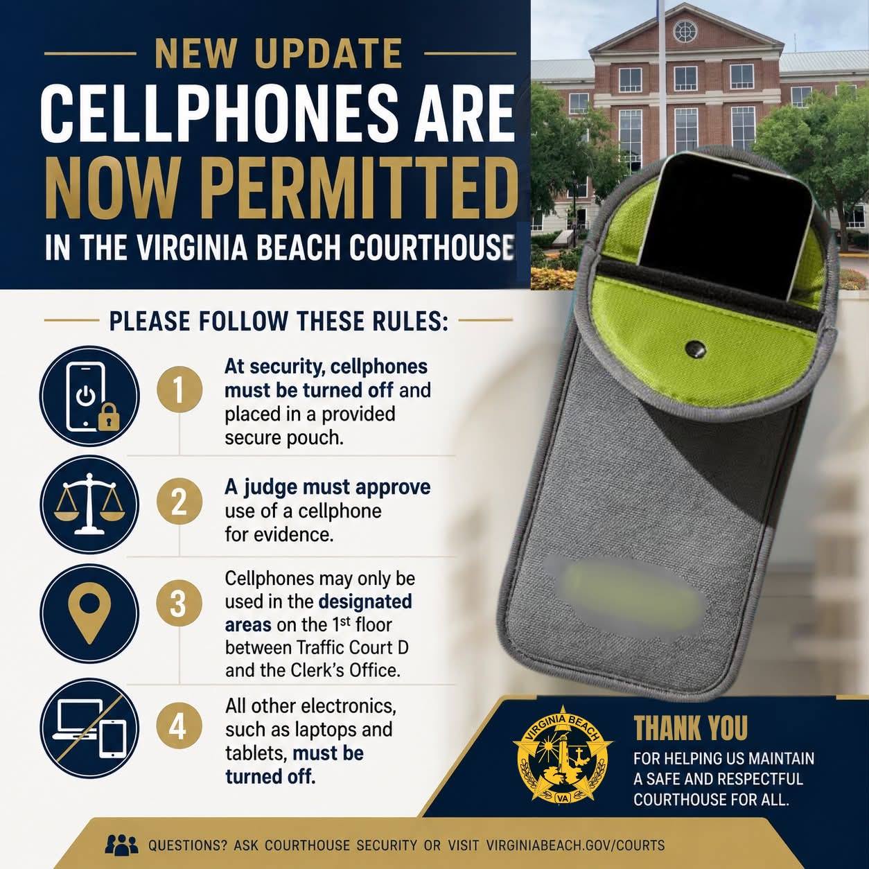 📱🧑‍⚖️ Cellphones and other electronic devices are now permitted inside the Virginia Beach Courthouse starting Monday, July 27! Here's what you need to know: ⭐️ Members of the public will be permitted