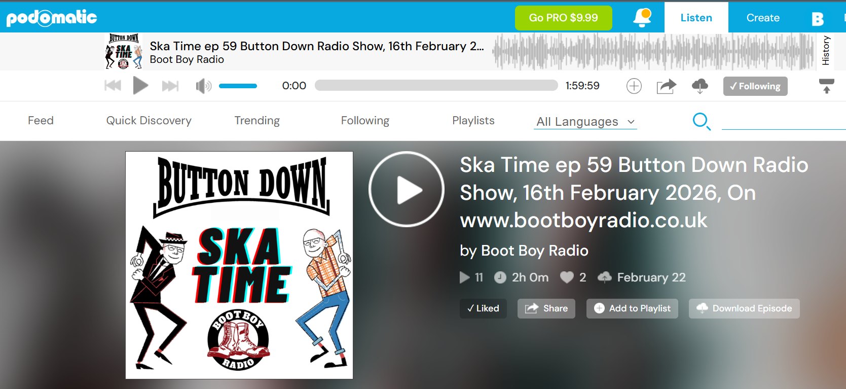 So our 90 minute Button Down Radio - Ska Time Show episode 59 on