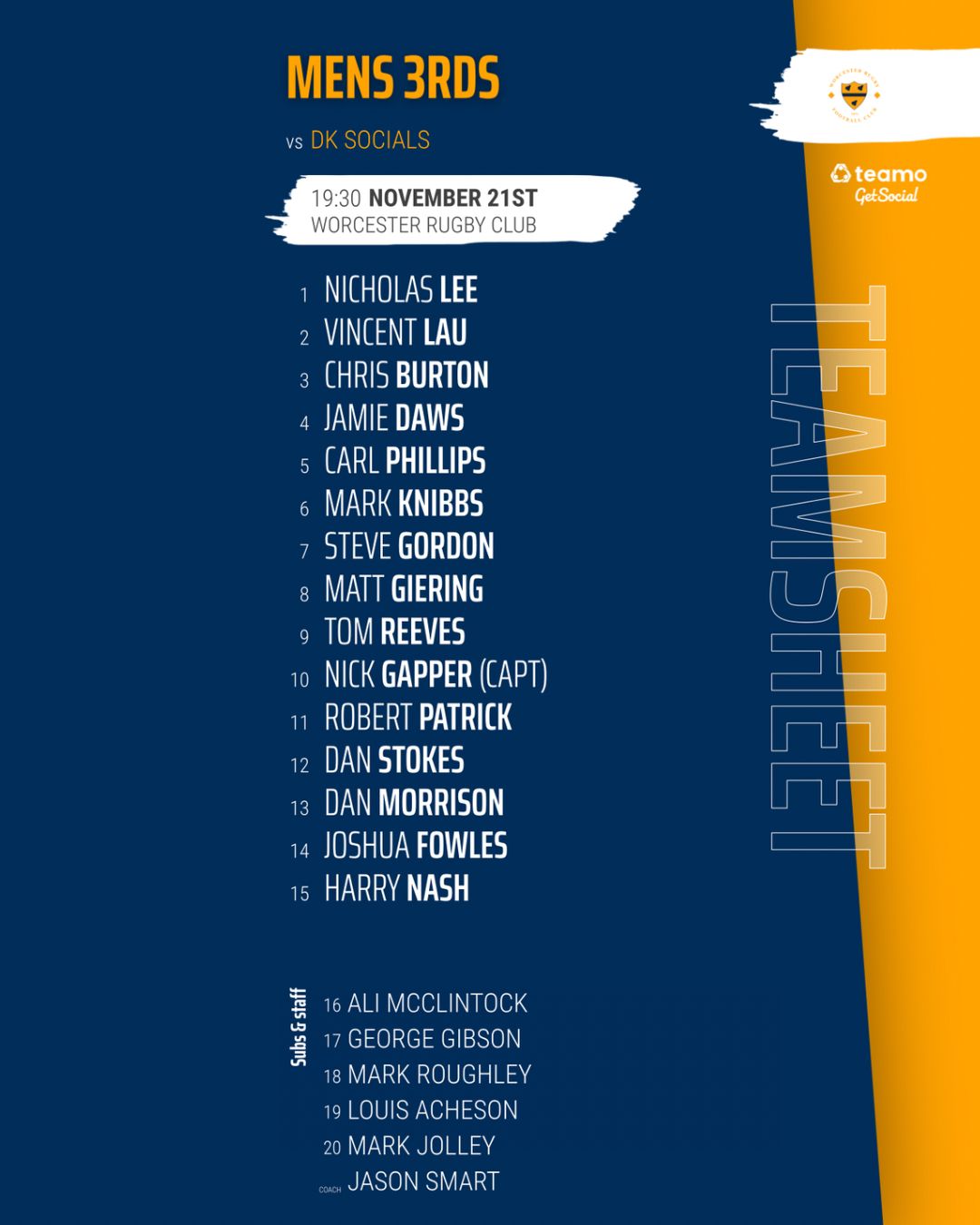 Worcester RFC - 🏉 TONIGHT’S TEAM SHEET! 🏉 Men’s 3rds vs... | Facebook