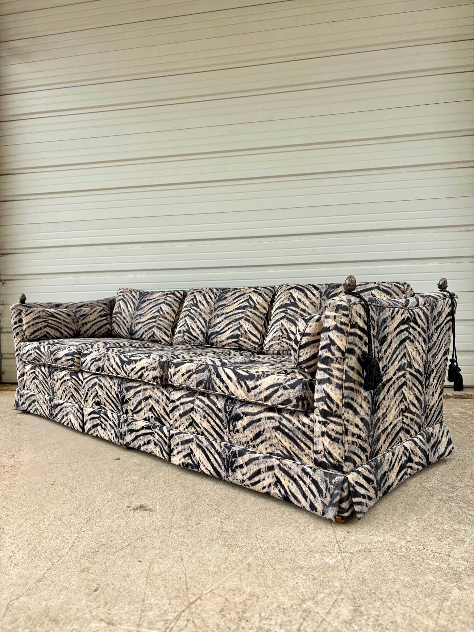 Vintage Upholstered Zebra Print Tassel Couch Mid Century Modern - Sofas