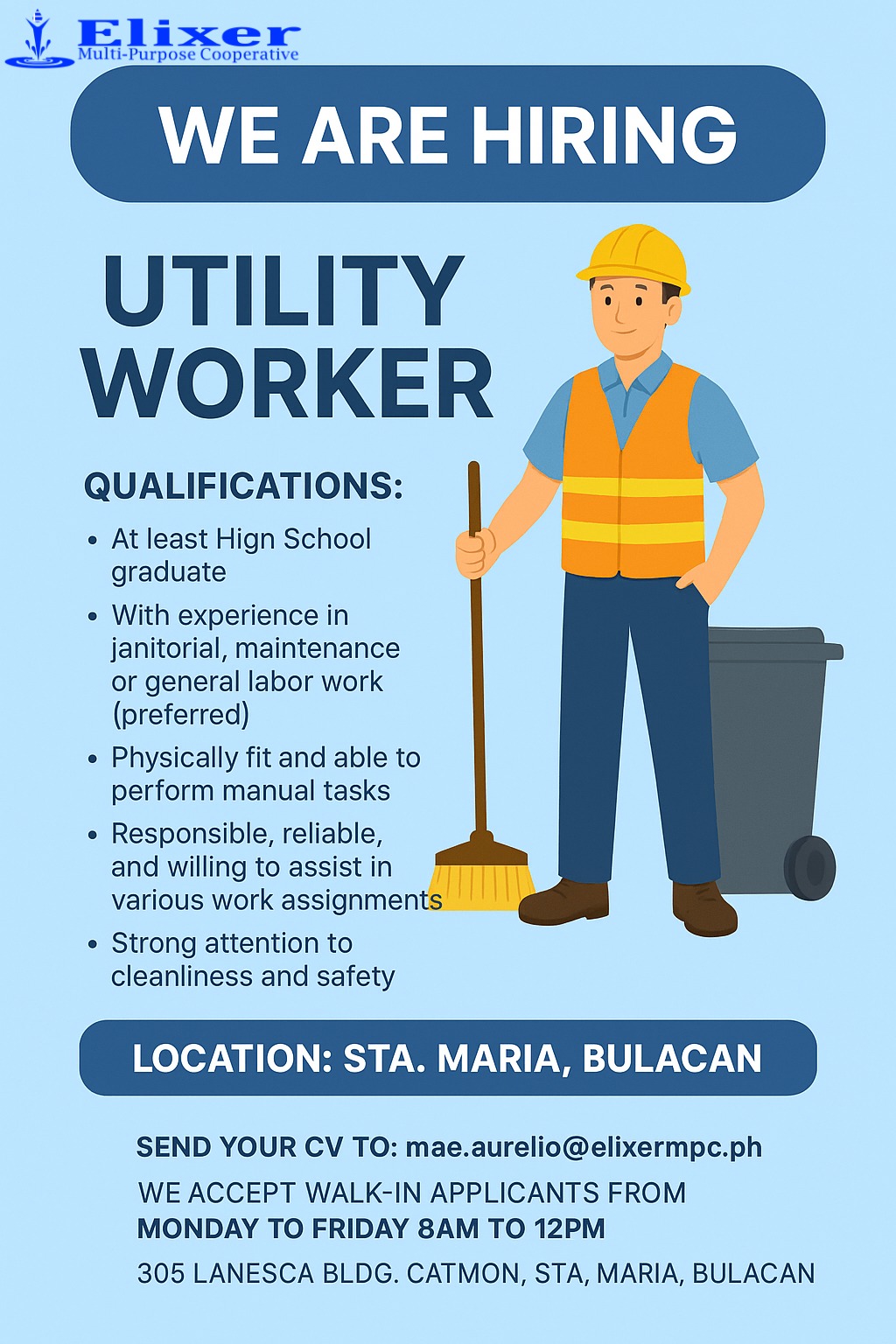 HR - ⚡ WE ARE HIRING! ⚡ Position: UTILITY WORKER 📍 Location: Sta. Maria ...