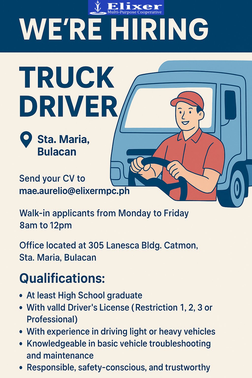 HR - ⚡ WE ARE HIRING! ⚡ Position: TRUCK DRIVER 📍 Location: Sta. Maria ...