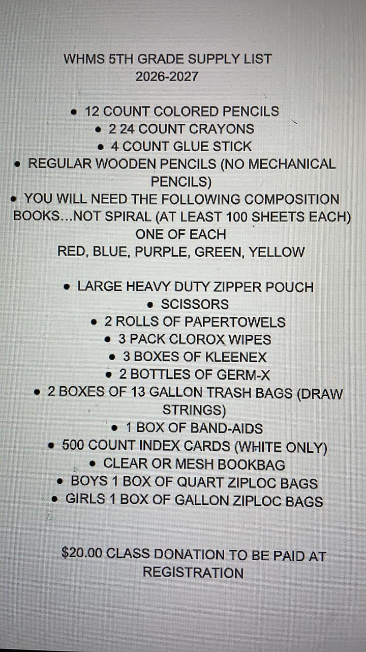 Wilson - WHMS 2026-2027 SCHOOL SUPPLY LIST!