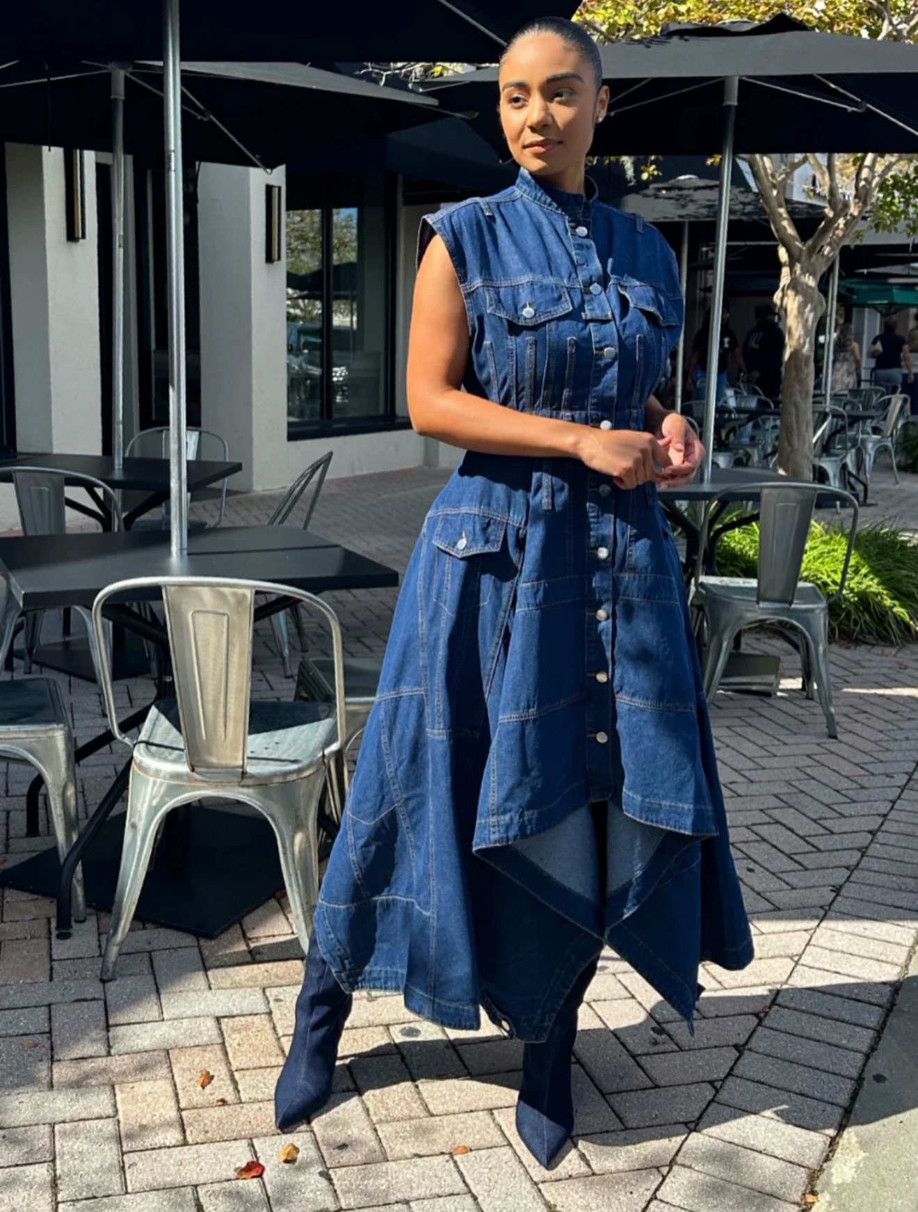 high fashion denim dress newarrival from #meowandbarksboutique on Bomb Daily Shop— this high-low with matching denim boots is a whole moment. The structured bodice, asymmetric hem, and rich indigo wash ma Black pleated maxi gown