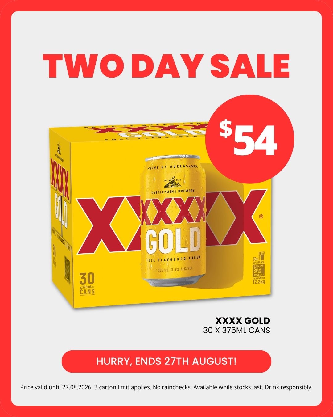 XXXX Gold 30-pack sale at Isa Hotel until August 27, 2026