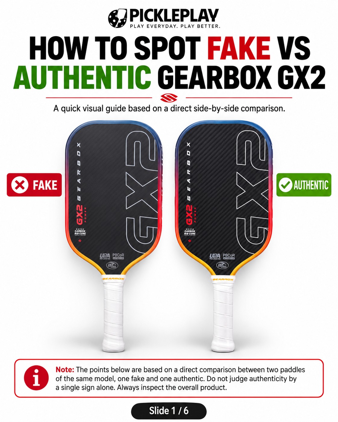 How to spot fake vs authentic Gearbox GX2 pickleball paddles