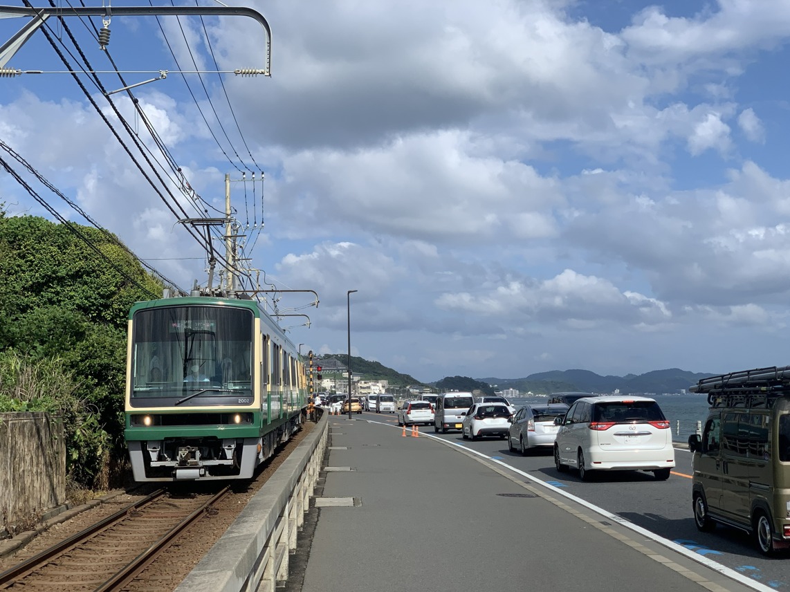 Enoshima electric railway running along coast line