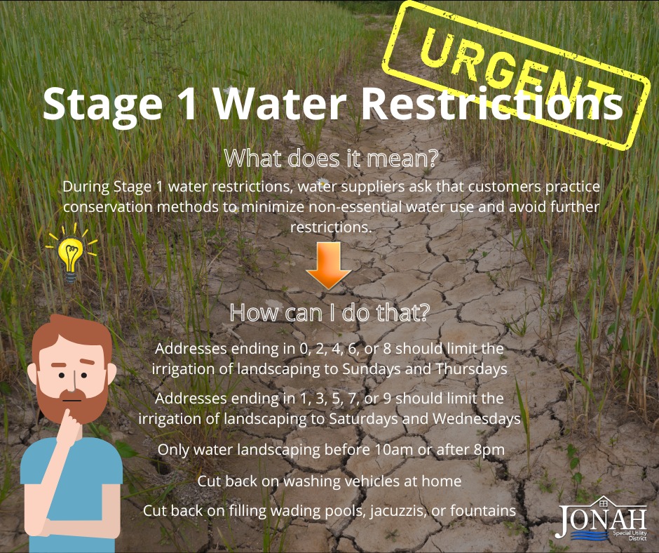 jonah water sud urges customers to conserve water amid stage 1 drought restrictions