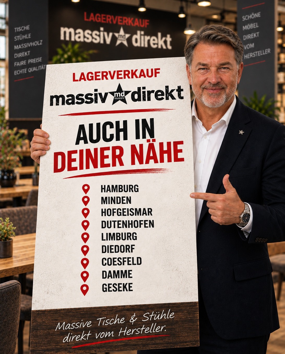 AUCH IN DEINER NÄHE. 📍 massiv.direkt gibt es nicht nur einmal – unseren Lagerverkauf findest Du mittlerweile an vielen Standorten in Deutschland. 📍 Hamburg 📍 Minden 📍 Hofgeismar 📍 Dutenhofen 📍 Limburg