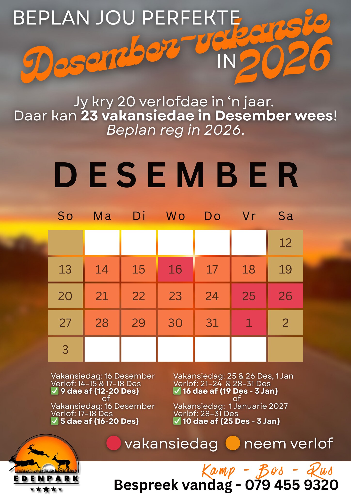 Beplan jou Desember 2026 slim Met net... - Eden Park Resort | Facebook