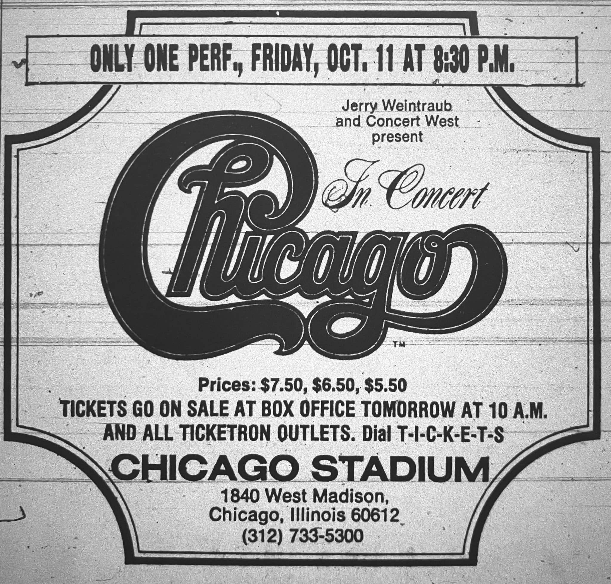 Advertisement for Chicago at Winnipeg Arena, 1972