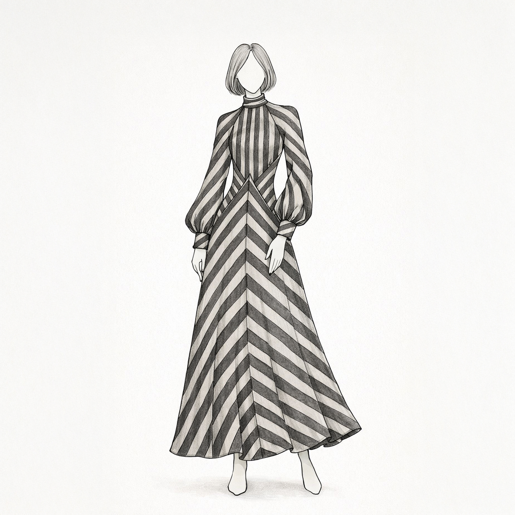 Designing a striped dress with asymmetrical handkerchief hem