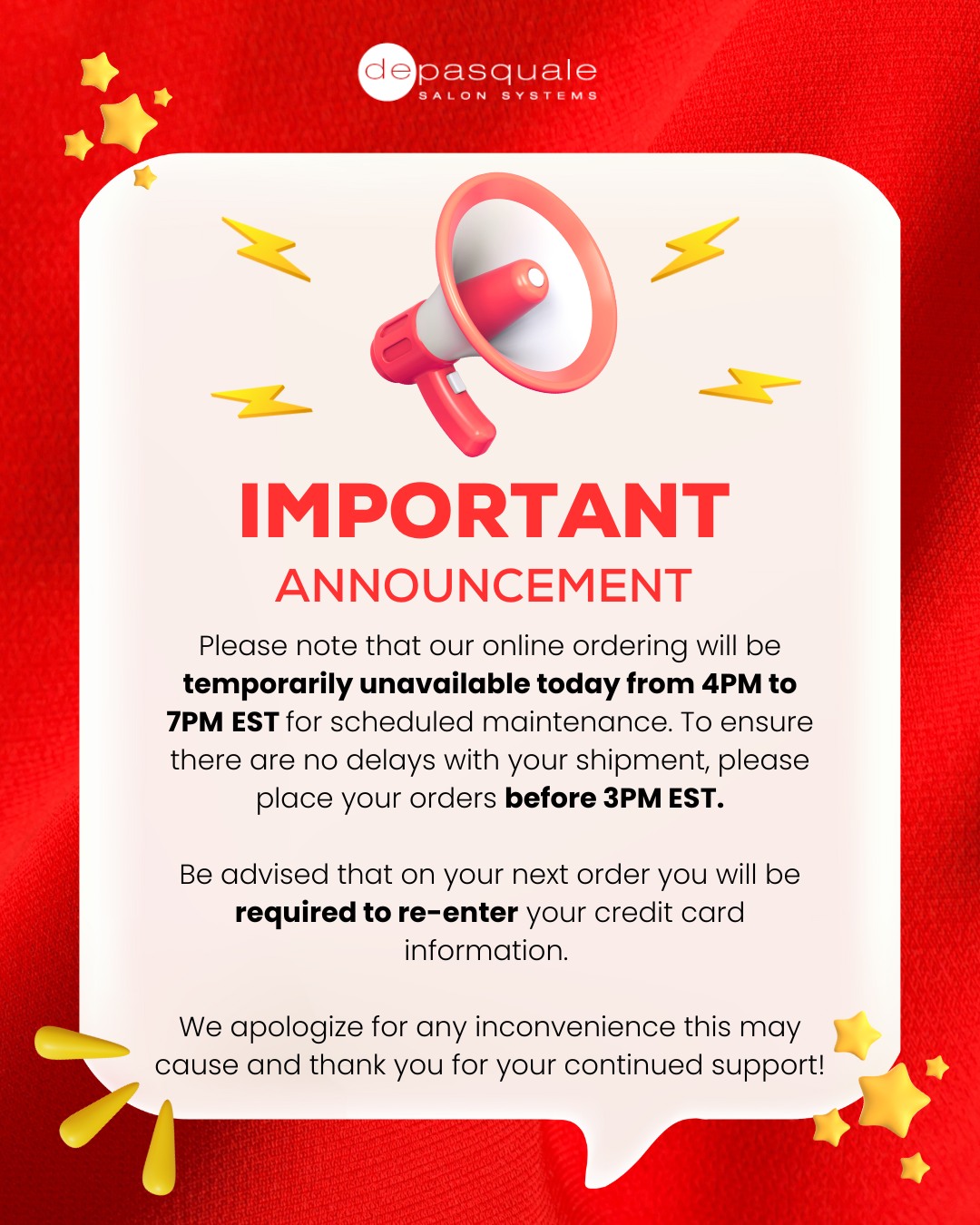 DePasquale - 🚨 Important Update 🚨 Our online ordering system will be ...