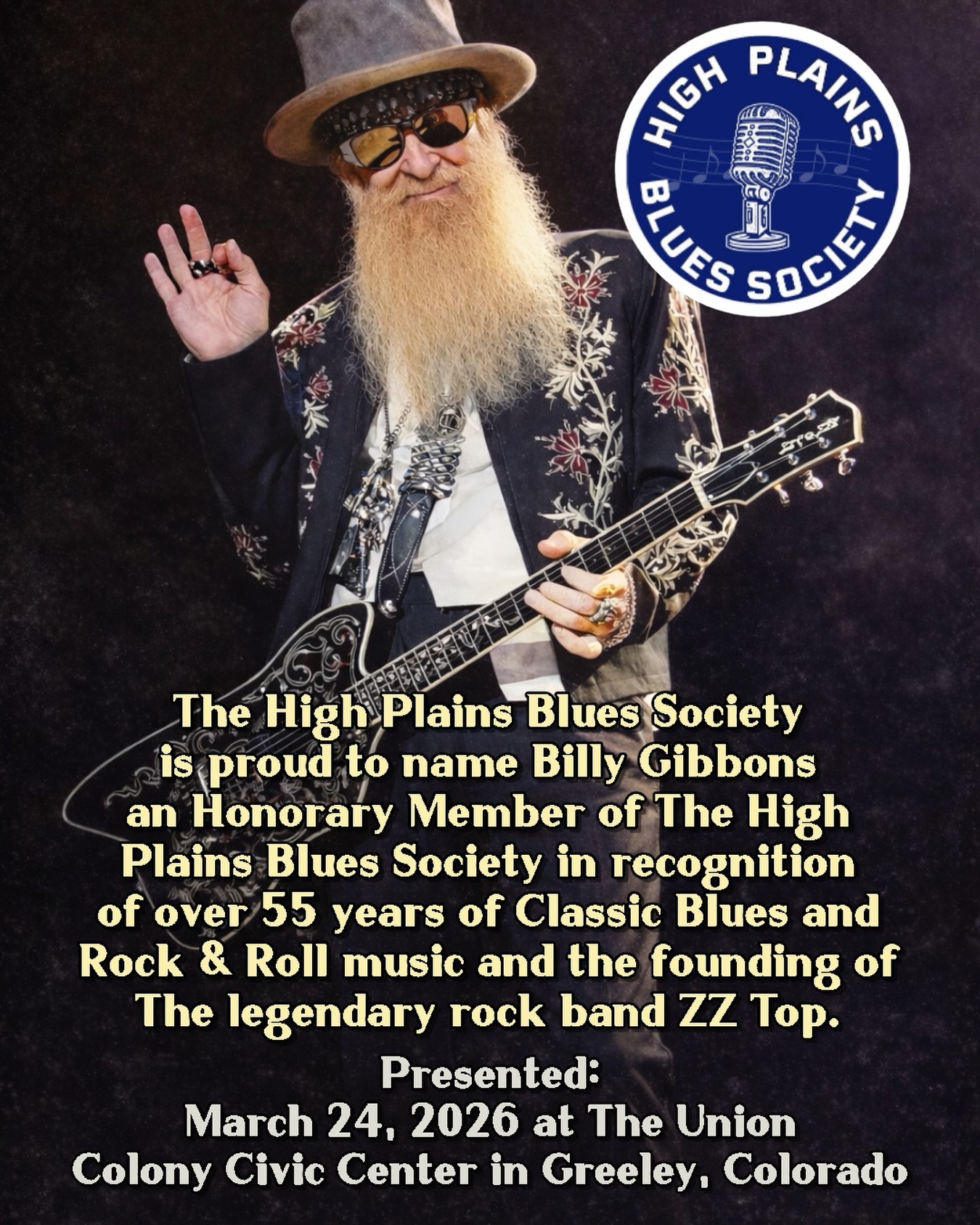 Billy F Gibbons honored by the High Plains Blues Society. 55+ 