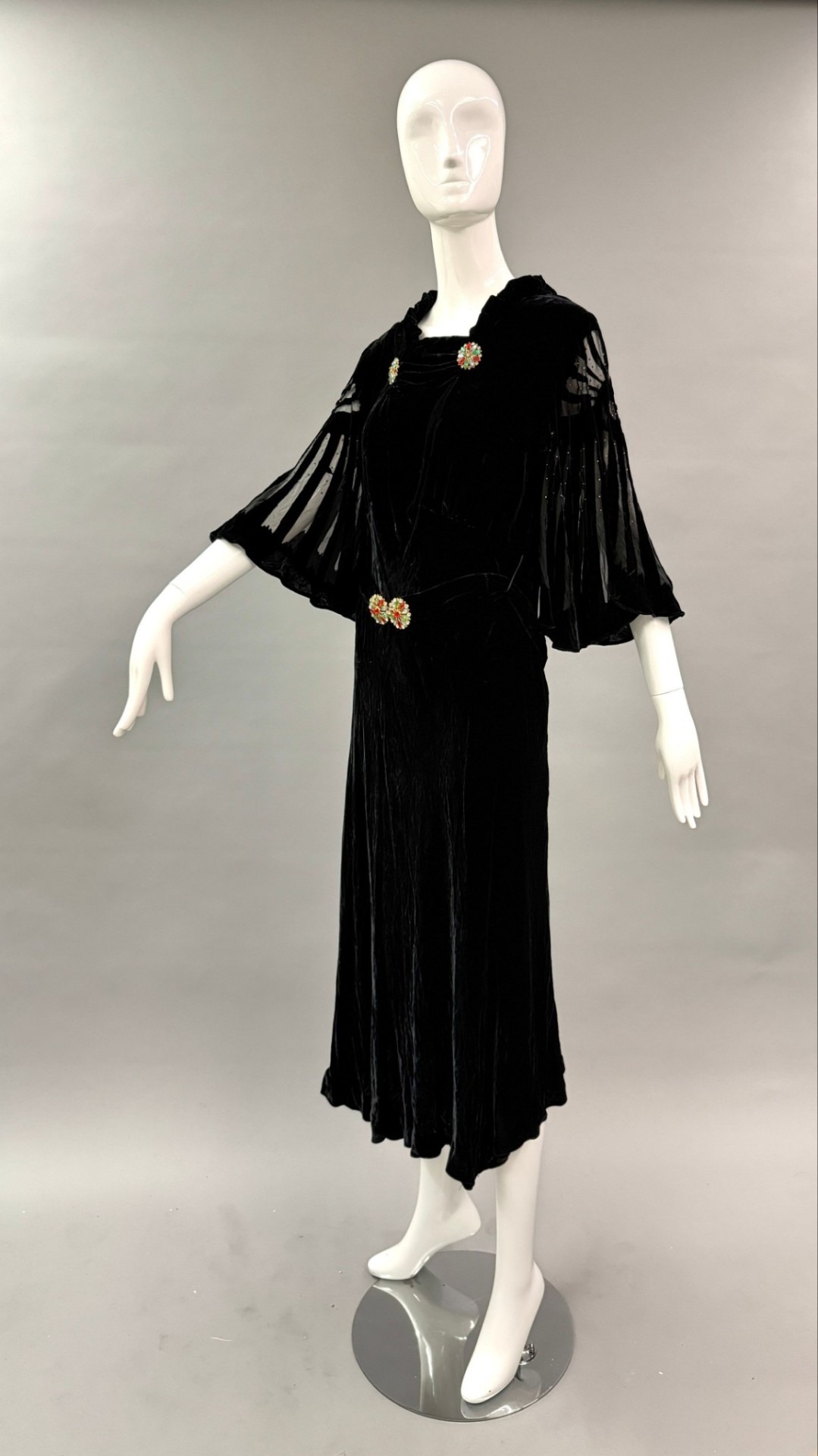 Bias cut black rayon velvet dress with sunburst sleeves