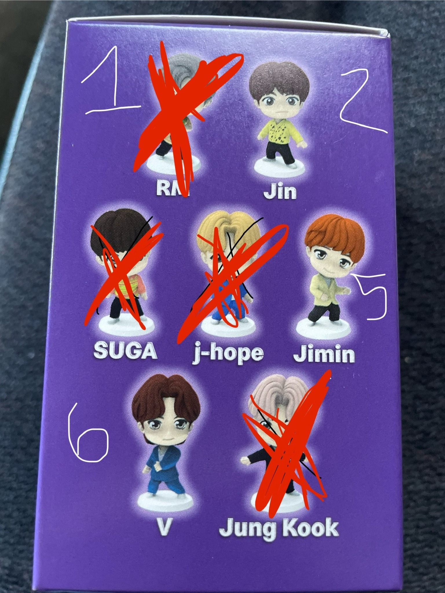 We need Jin and V in purple and Jin,Jimin,V,Jung Hook in red boxes.