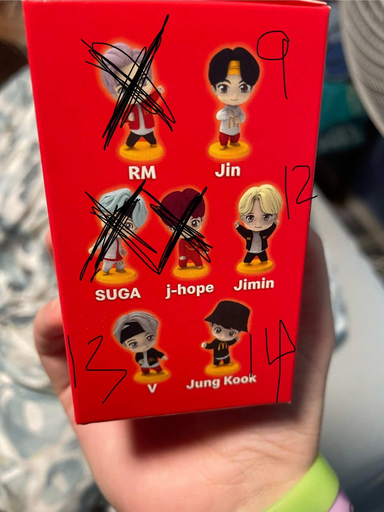 We need Jin and V in purple and Jin,Jimin,V,Jung Hook in red boxes.