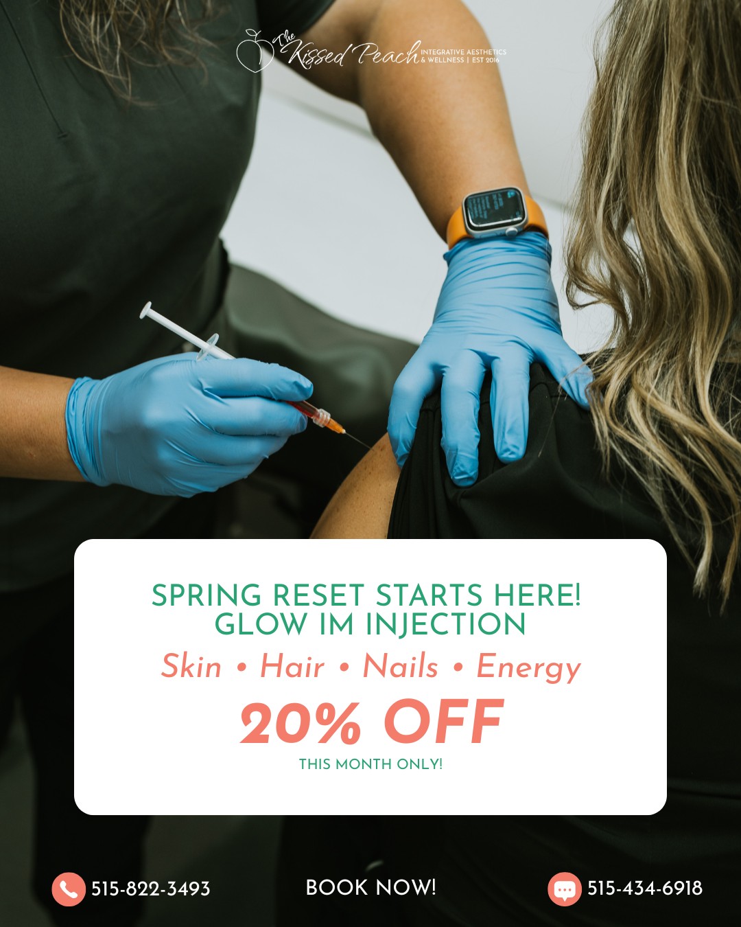 Looking for a little spring reset? Our Glow IM injection is designed to support your body from the inside out! Clients love it for helping support: ✨ healthier-looking skin ✨ stronger hair
