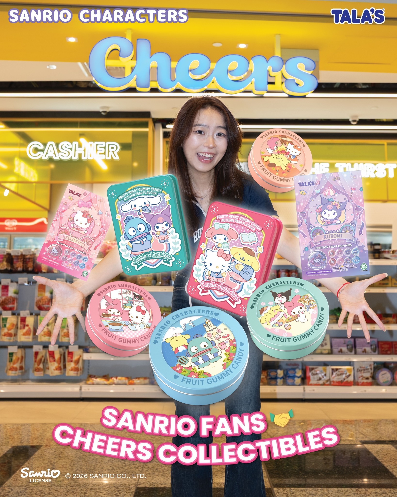 Sanrio collectibles with cards at Cheers