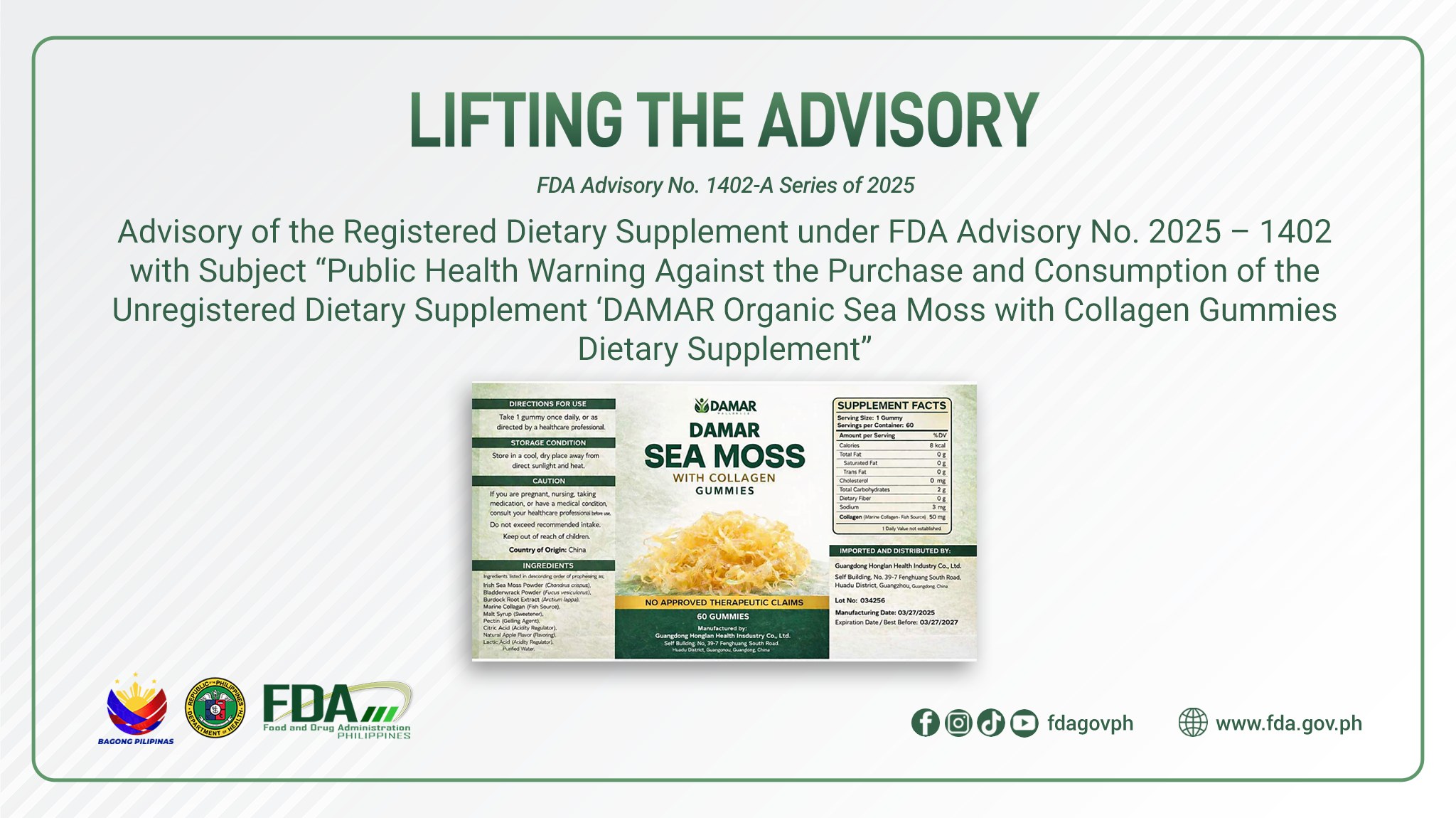 list of glutathione approved by fda philippines 2025 Advisory No.2025-1402-A || Lifting the Advisory the Registered Dietary Supplement under FDA Advisory No. – 1402 with Subject “Public Health Warning Against the Purchase and Consumption of the Unregistered Quantity:25 Case glutathione Vitamin C Face hydrolyzedcollagen