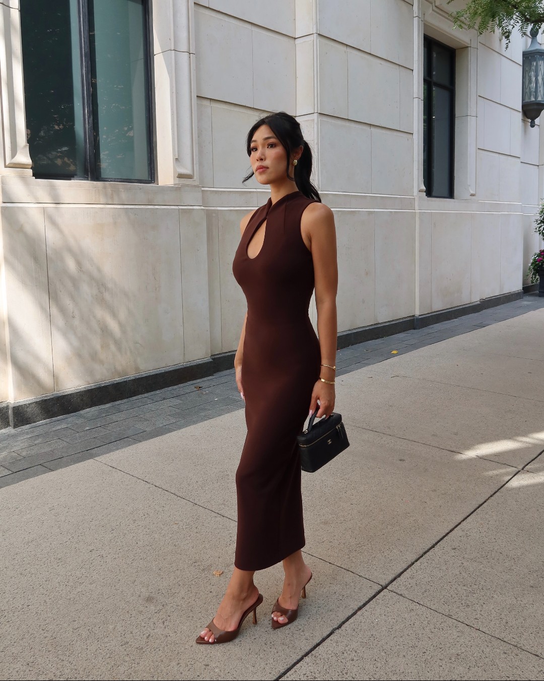 keyhole bodycon dress Frankie high neck for events COLOR:CAROB BROWN The Black Tux Royal Ivy Mini Dress Fashion stretch mini dress features