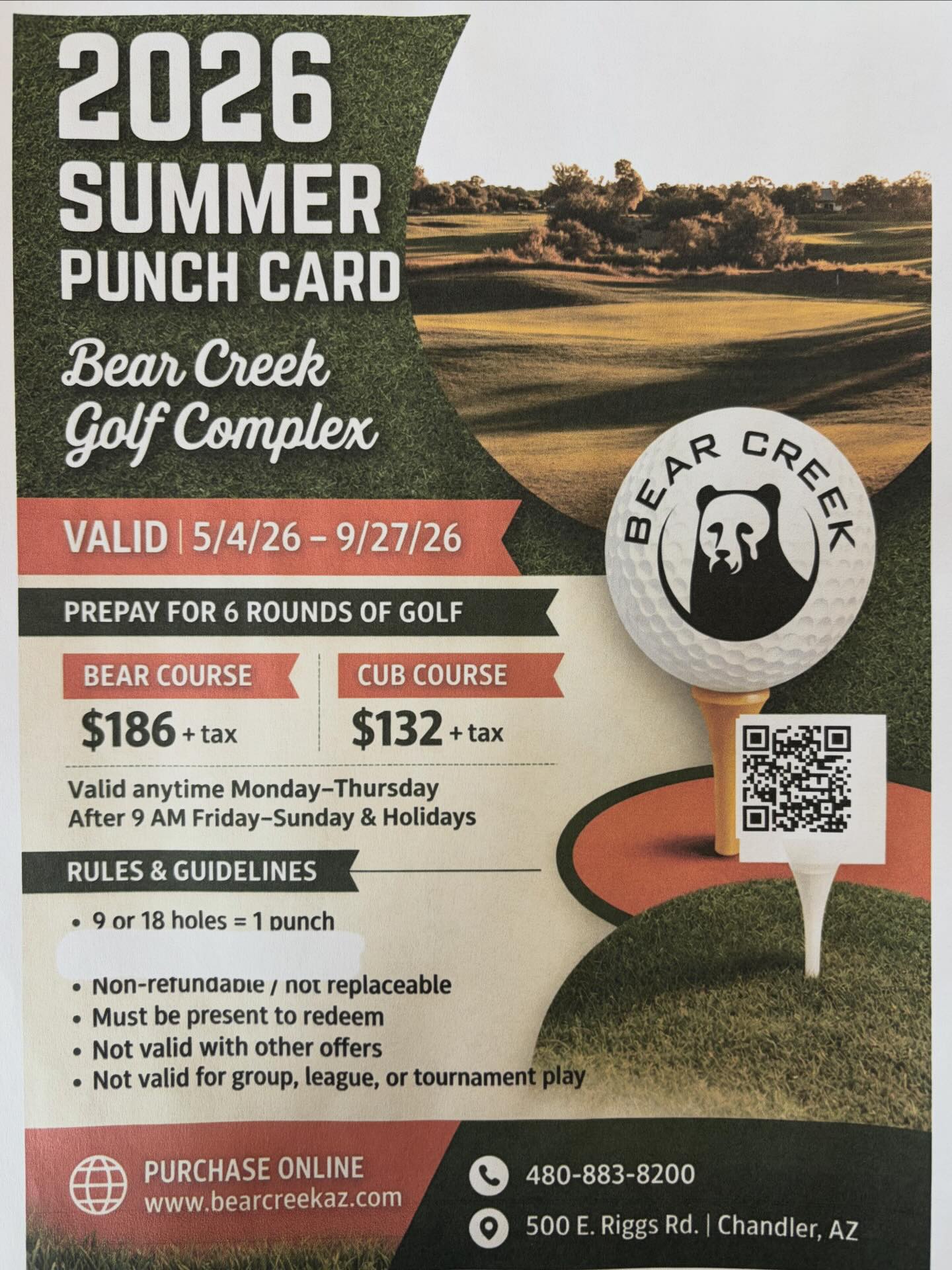 Bear Creek Golf Complex summer punch card 2026