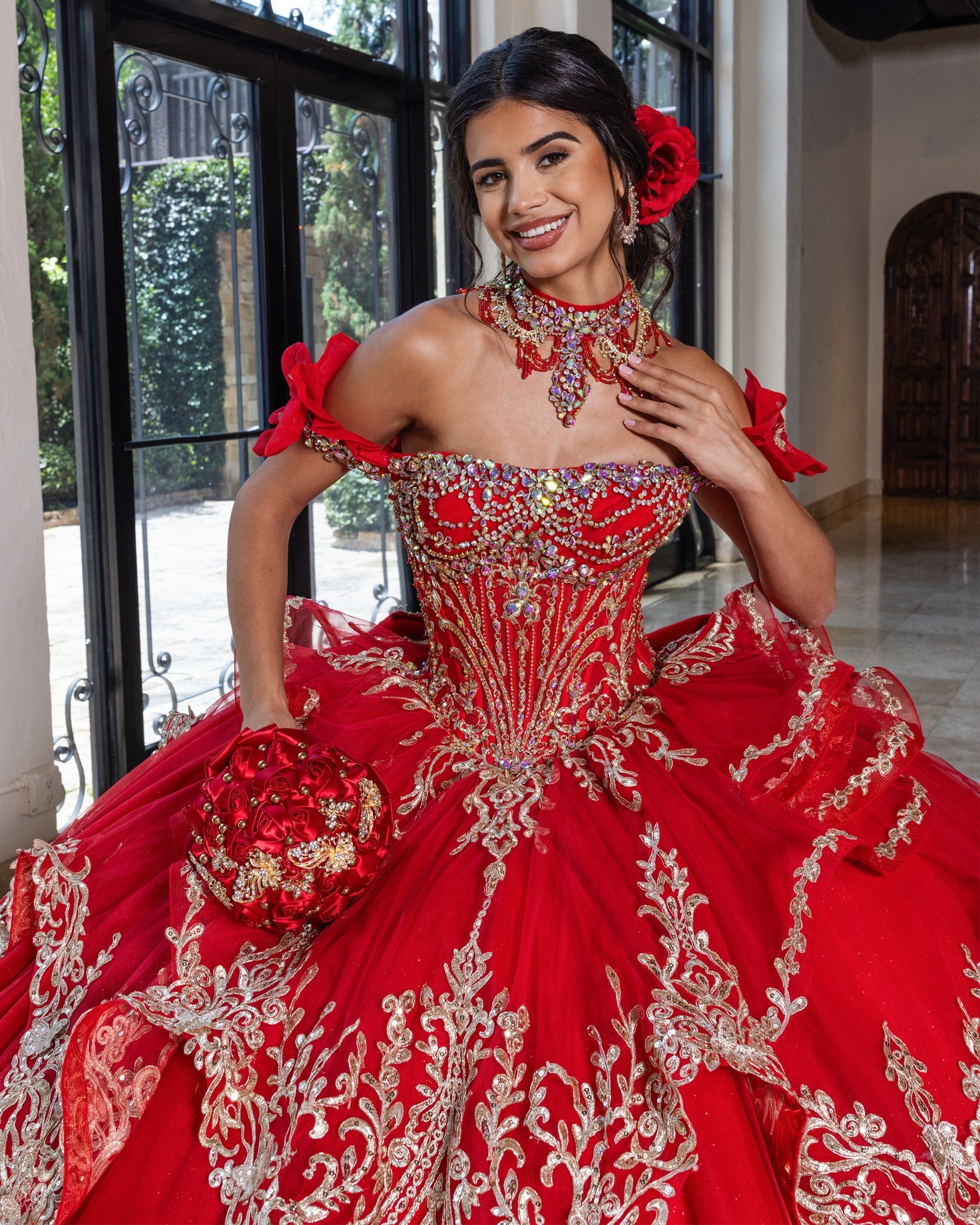 dark red and gold quinceanera dresses Command the spotlight in this regal ballgown, available in Deep Gold, Navy Gold, or Sage. Lavishly detailed with glitter tulle, ornate applique, intricate beading, this gown features a structured off-the-shoulder 1 Carat Diamond Ring Gold