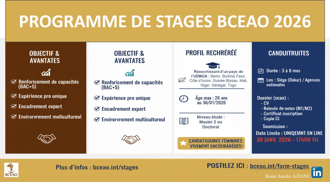 Abidjan - Appel à candidatures pour le Programme de stages BCEAO 2026 ...