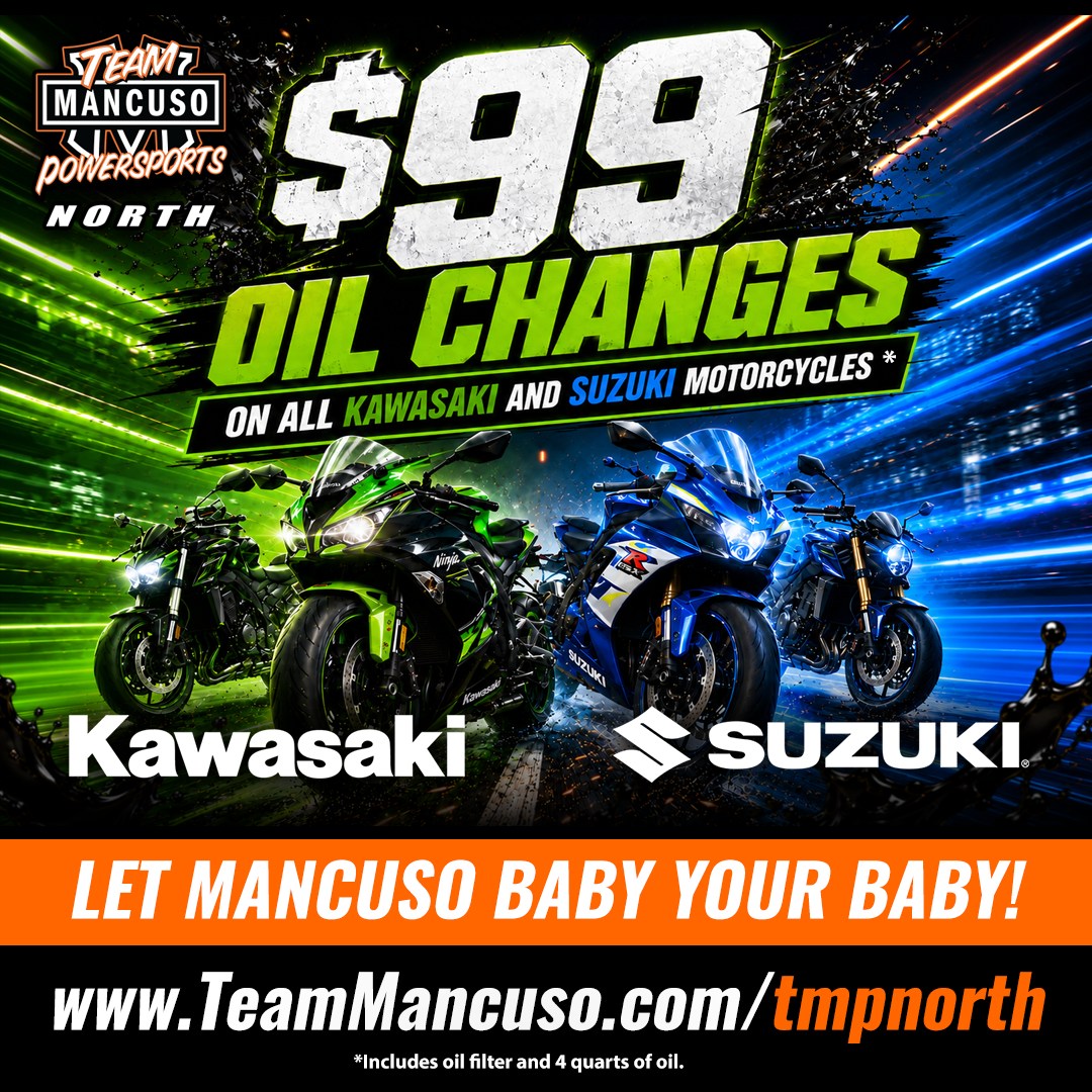 Mary様 September service special: $99 oil changes for Kawasaki and Suzuki