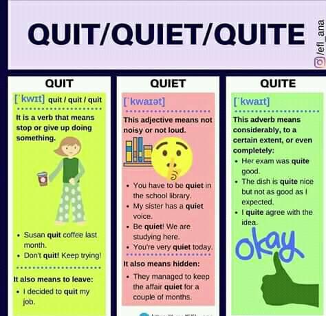 THE DIFFERENCE BETWEEN QUIT,QUIET AND QUITE - English learners