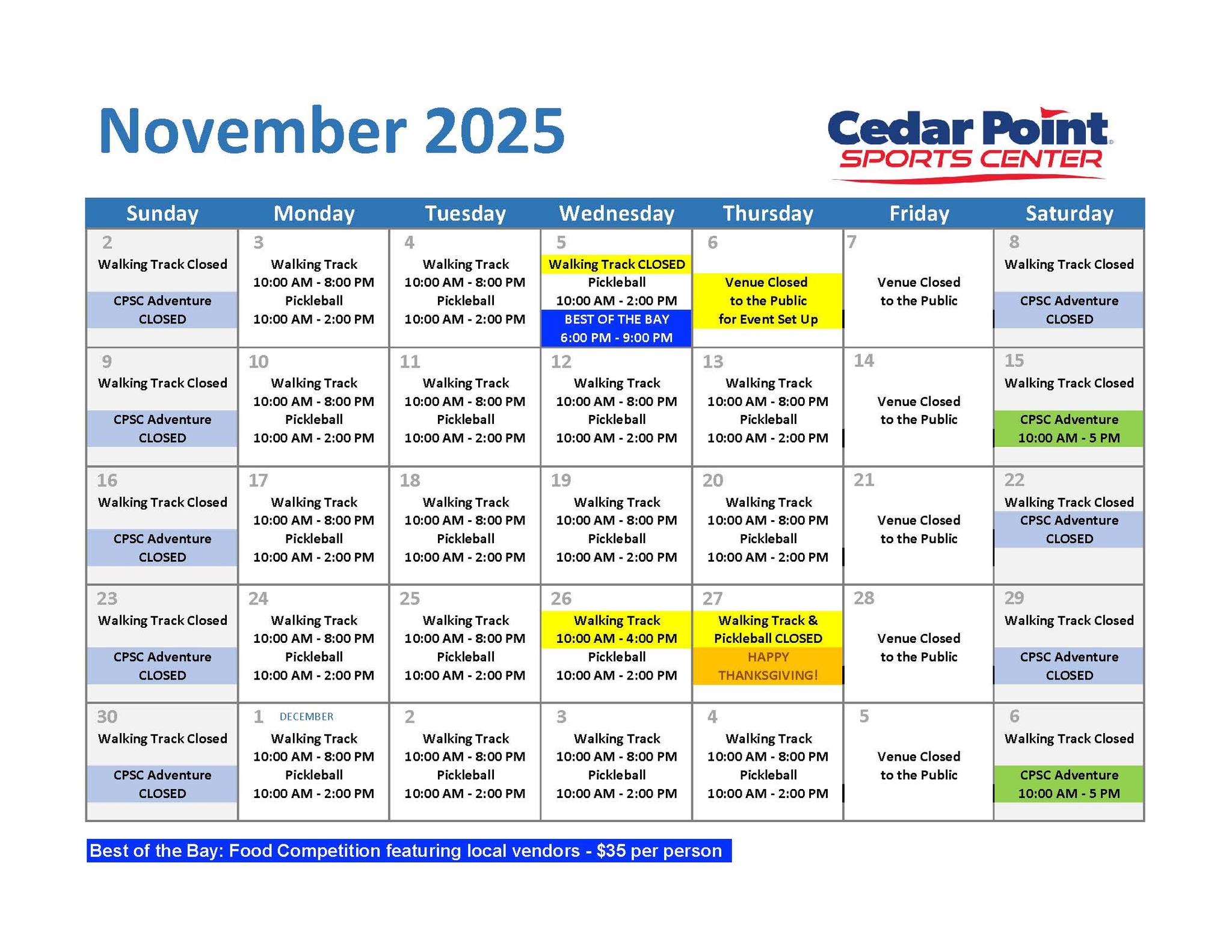 Cedar - Here is the November CPSC Calendar. Please note the dates that ...