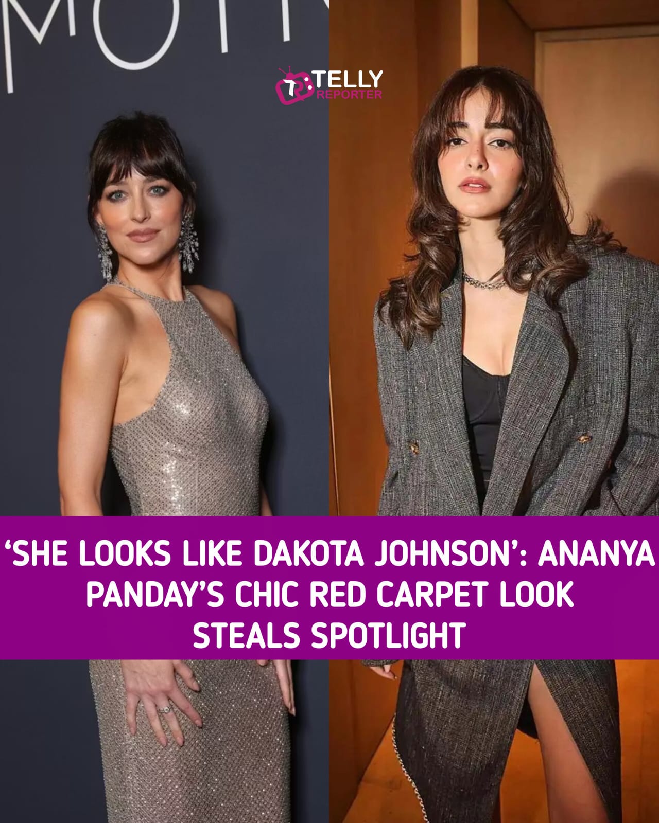 Ananya Panday Debuts Soft Front Bangs and Grey Midi Dress at Hollywood Reporter India Event, Fans Compare Her to Dakota Johnson #AnanyaPanday #DakotaJohnsonLookalike #HollywoodReporterIndia #BollywoodFashion #RedCarpetGlam Bollywood actress Ananya 