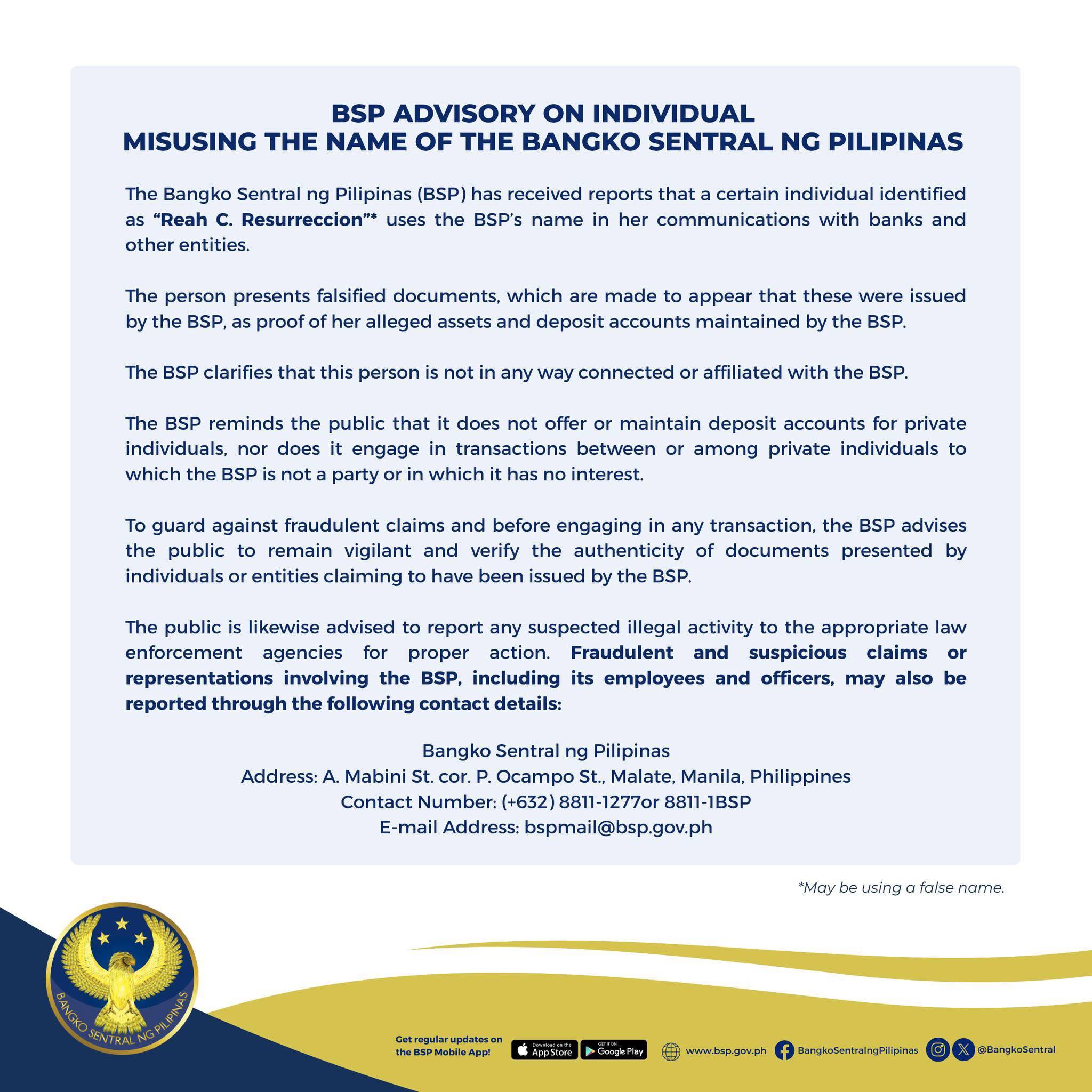 Proud - BSP issues advisory vs. individual misusing its name The Bangko ...