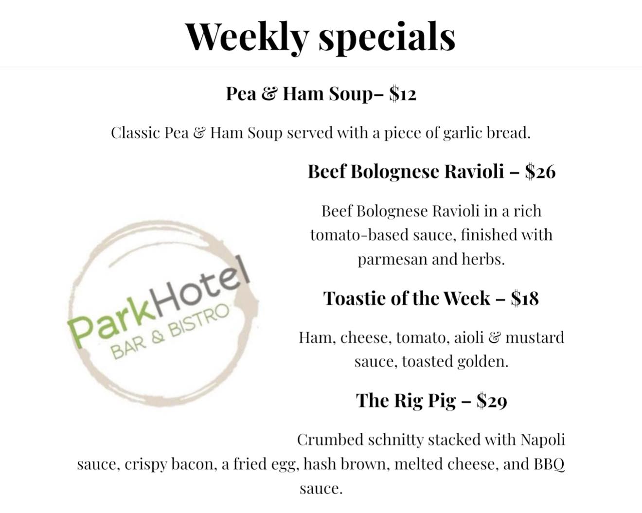 Park - This week at The Park 🍽️ The Rig Pig – $29 Back by popular ...